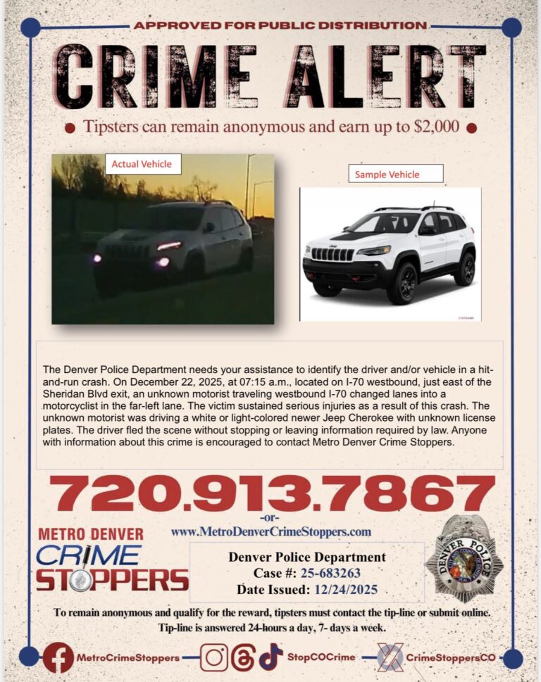 Policía de Denver busca Jeep Cherokee tras choque con fuga que dejó motociclista herido en la I‑70
