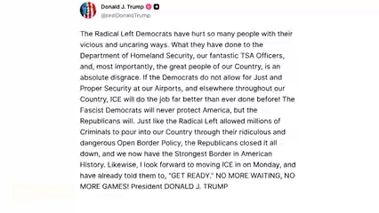 Trump ordena despliegue de agentes de ICE en aeropuertos de EE.UU.