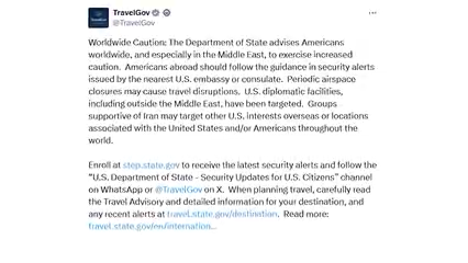 Departamento de Estado emite alerta de seguridad mundial por posibles ataques vinculados a Irán