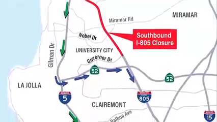 Cierre total de la I-805 en dirección sur al sur de Sorrento Valley este fin de semana