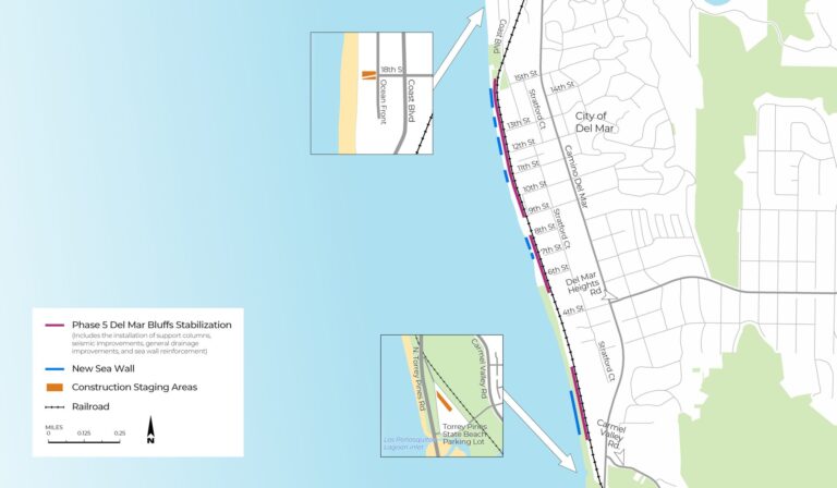 Suspensión de trenes y trabajos 24/7 en Del Mar por proyecto de estabilización de acantilados